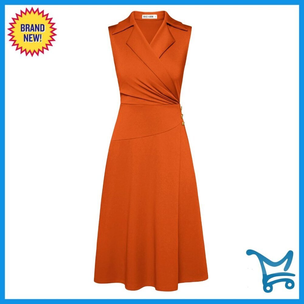 Sleeveless Midi Work Dress with Ruched Wrap V-Neck and Notch Lapel